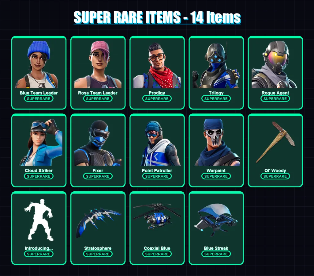 [PC/XBOX/PSN] | Blue Team Leader | Rose Team Leader | Prodigy | Trilogy | Rogue Agent | 38 skin | 40 pickaxe | 36 emote | 47 glider | Lv609