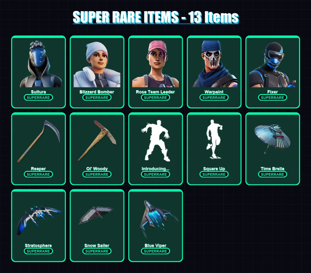 [PS4/PS5/XBOX/PC] | Sultura | Blizzard Bomber | Rose Team Leader | Warpaint | Fixer | 125 skin | 152 pickaxe | 135 emote | 146 glider | Lv2079