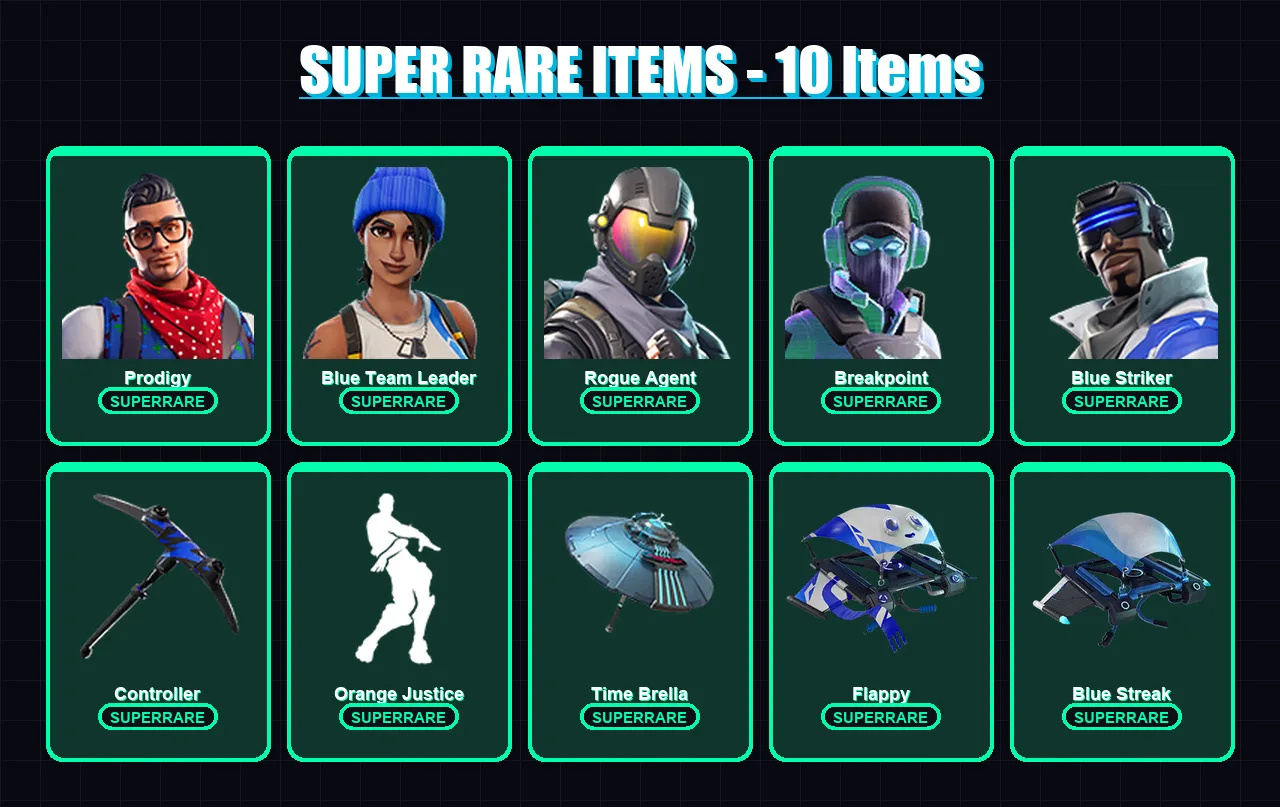 [PS4/PS5/PC] | Prodigy | Blue Team Leader | Rogue Agent | Breakpoint | Blue Striker | 42 skin | 55 pickaxe | 65 emote | 61 glider | Lv1001