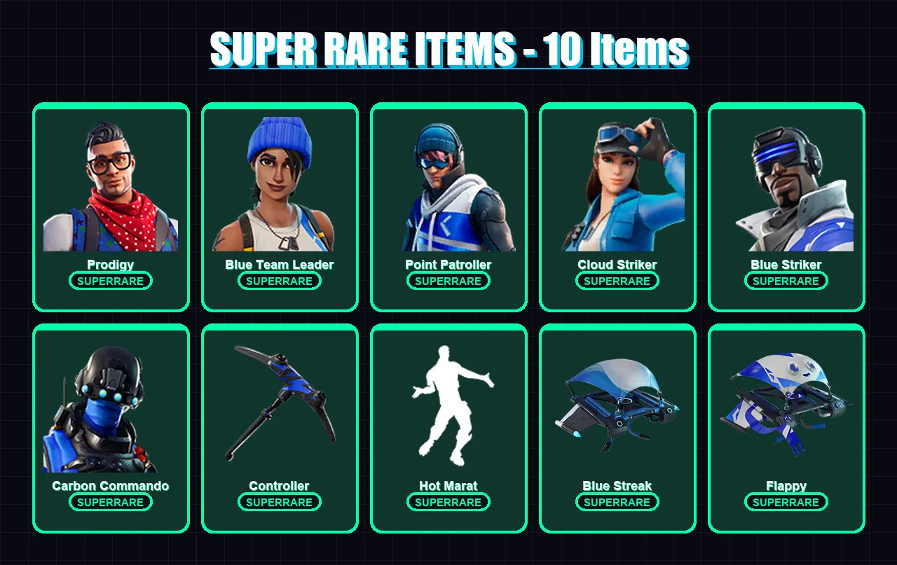 [PS4/PS5/XBOX/PC] | Prodigy | Blue Team Leader | Point Patroller | Cloud Striker | Blue Striker | 6 skin | 3 pickaxe | 10 emote | 9 glider | Lv162
