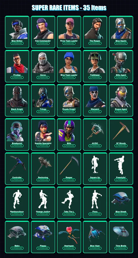[PC/XBOX] | Blue Striker | Sub Commander | Rose Team Leader | The Reaper | Blue Squire | 156 skin | 102 pickaxe | 104 emote | 101 glider | Lv1296