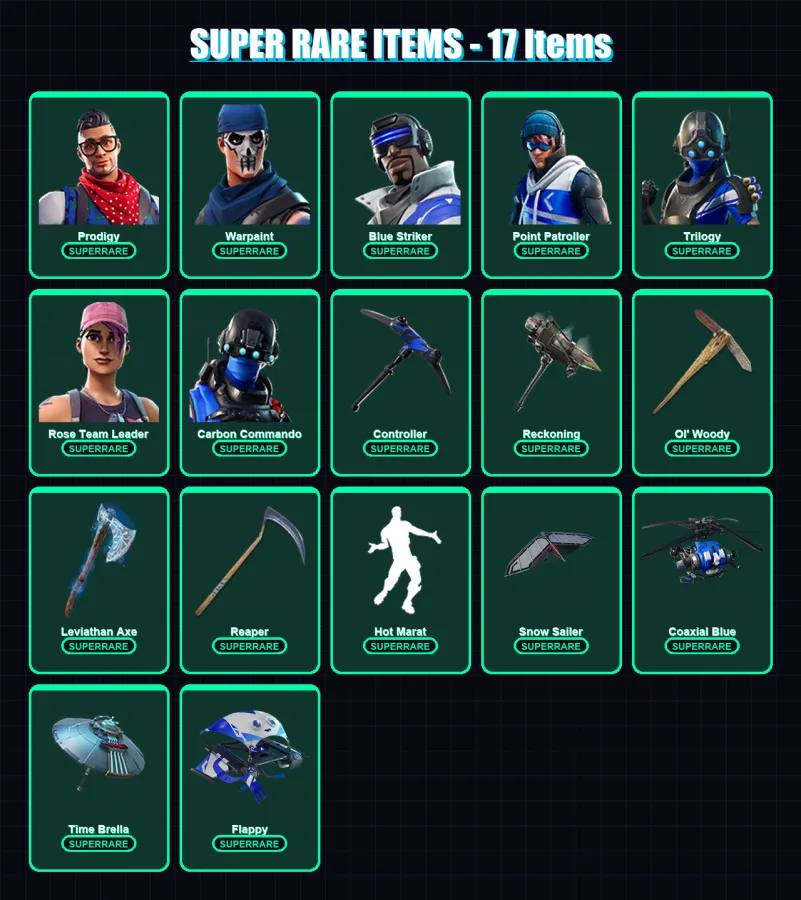[PC] | Prodigy | Warpaint | Blue Striker | Point Patroller | Trilogy | 343 skin | 340 pickaxe | 264 emote | 252 glider | Lv4012