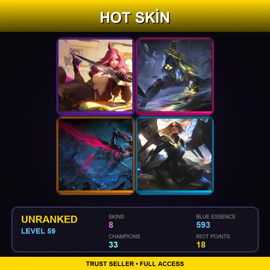 LAS | Lv59 | Unranked | 8 Skin | 33 Champ — LoL account