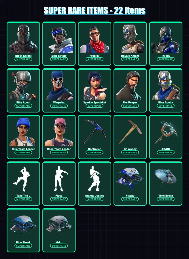 [PS4/PS5/XBOX/PC] | Black Knight | Blue Striker | Prodigy | Royale Knight | Trilogy | 38 skin | 36 pickaxe | 42 emote | 43 glider | Lv618