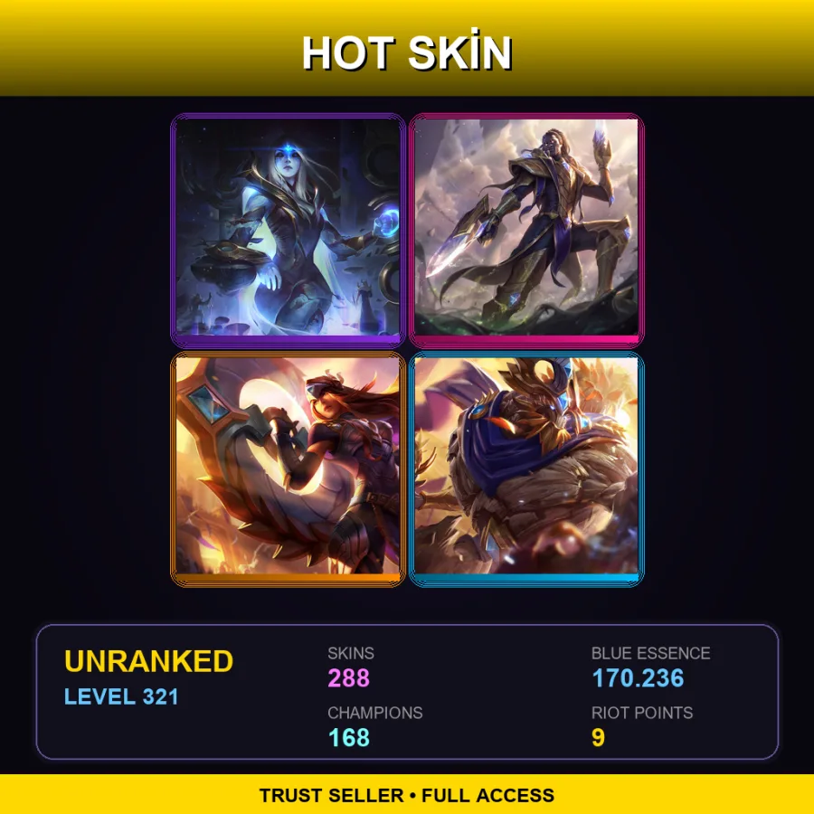 VN | Lv321 | Unranked | 288 Skin | 168 Champ — LoL account