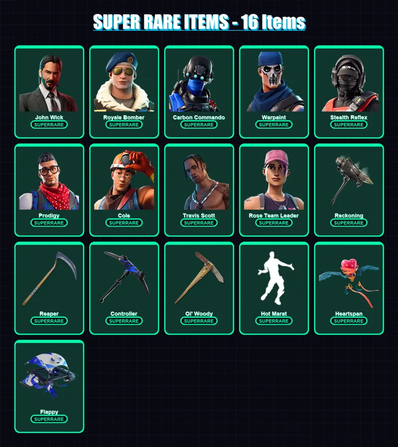 [PC/XBOX] | John Wick | Royale Bomber | Carbon Commando | Warpaint | Stealth Reflex | 124 skin | 114 pickaxe | 145 emote | 100 glider | Lv1443