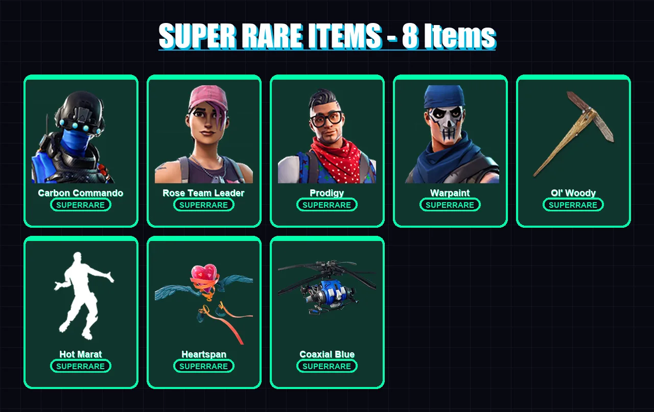 [PS4/PS5/XBOX/PC] | Carbon Commando | Rose Team Leader | Prodigy | Warpaint | Blackheart | 10 skin | 14 pickaxe | 27 emote | 20 glider | Lv190
