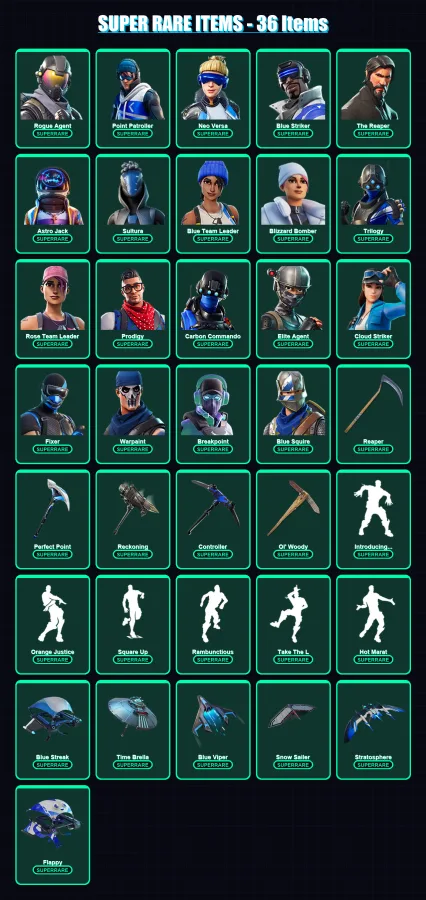 [PC] | Rogue Agent | Point Patroller | Neo Versa | Blue Striker | The Reaper | 350 skin | 308 pickaxe | 315 emote | 233 glider | Lv3253