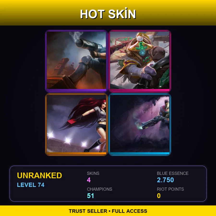 EUW | Lv74 | Unranked | 4 Skin | 51 Champ — LoL account