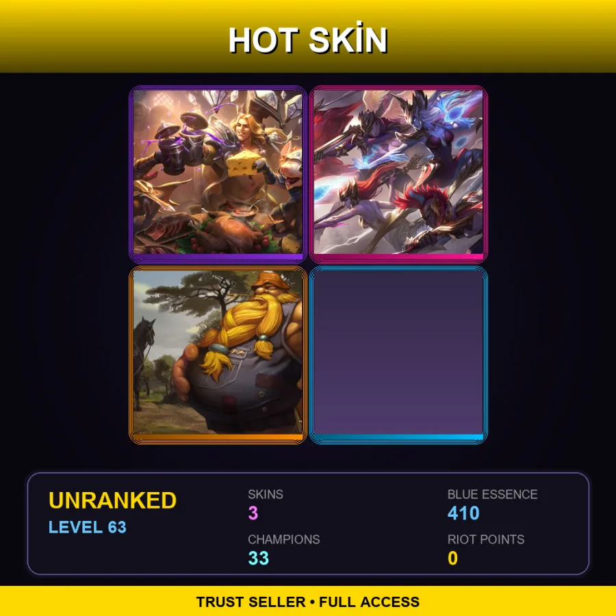 EUW | Lv63 | Unranked | 3 Skin | 33 Champ — LoL account