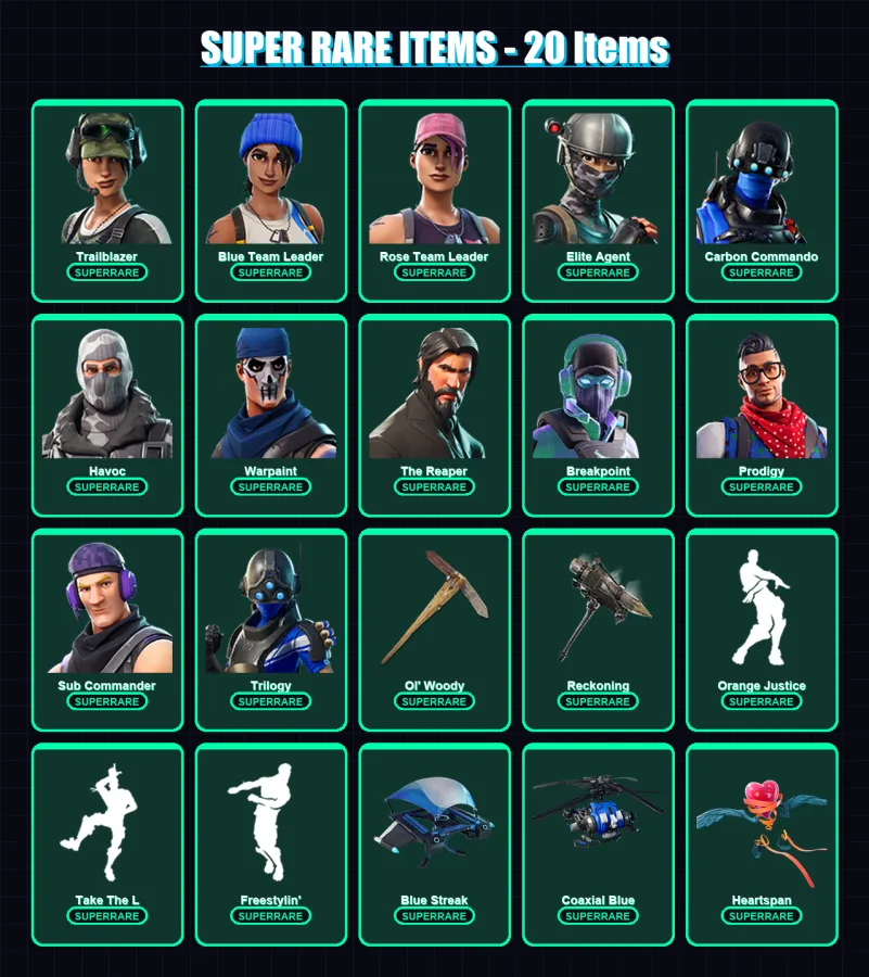 [PC] | Trailblazer | Blue Team Leader | Rose Team Leader | Elite Agent | Carbon Commando | 99 skin | 69 pickaxe | 90 emote | 83 glider | Lv1032 — Fortnite account