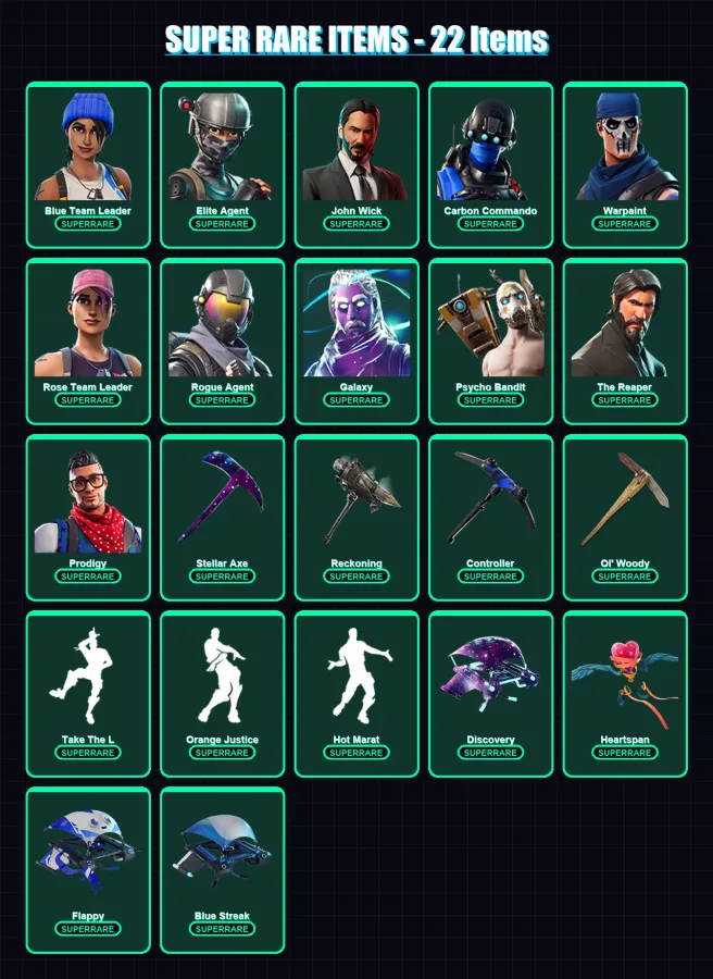 [PC/XBOX] | Blue Team Leader | Elite Agent | John Wick | Carbon Commando | Warpaint | 105 skin | 71 pickaxe | 106 emote | 78 glider | Lv948