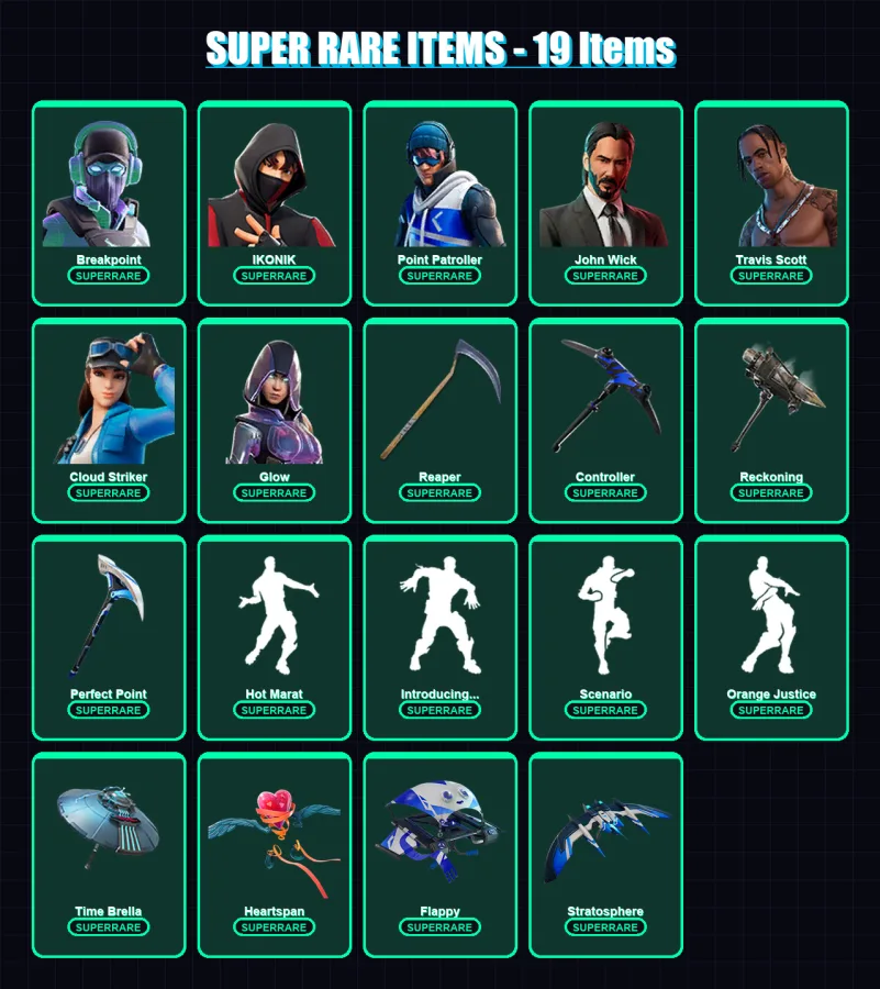 [PC/XBOX] | Breakpoint | IKONIK | Point Patroller | John Wick | Travis Scott | 122 skin | 130 pickaxe | 129 emote | 134 glider | Lv1908