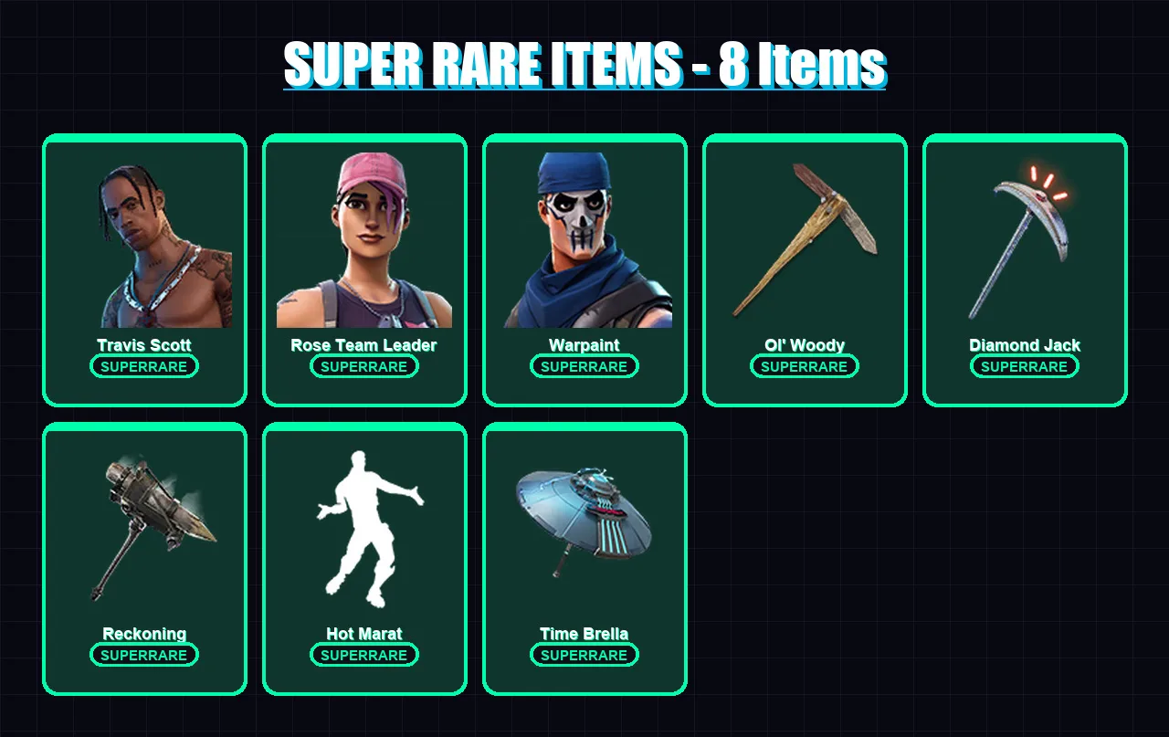 [PC/PSN] | Travis Scott | Rose Team Leader | Warpaint | Hybrid | Mandalorian | 113 skin | 94 pickaxe | 107 emote | 97 glider | Lv1147