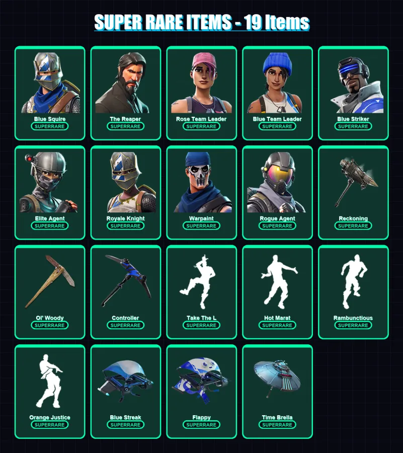 [PC/PSN] | Blue Squire | The Reaper | Rose Team Leader | Blue Team Leader | Blue Striker | 82 skin | 74 pickaxe | 95 emote | 60 glider | Lv651 — Fortnite account