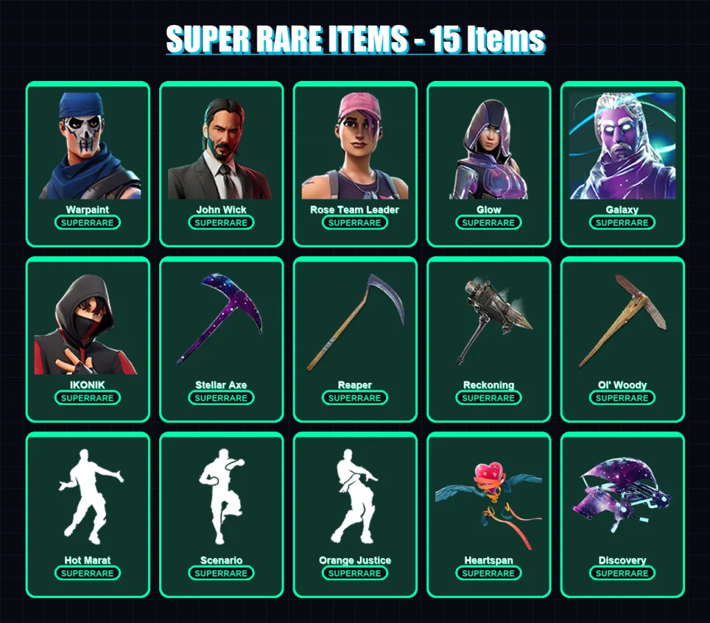 [PC/XBOX/PSN] | Warpaint | John Wick | Rose Team Leader | Glow | Galaxy | 133 skin | 126 pickaxe | 158 emote | 117 glider | Lv1778