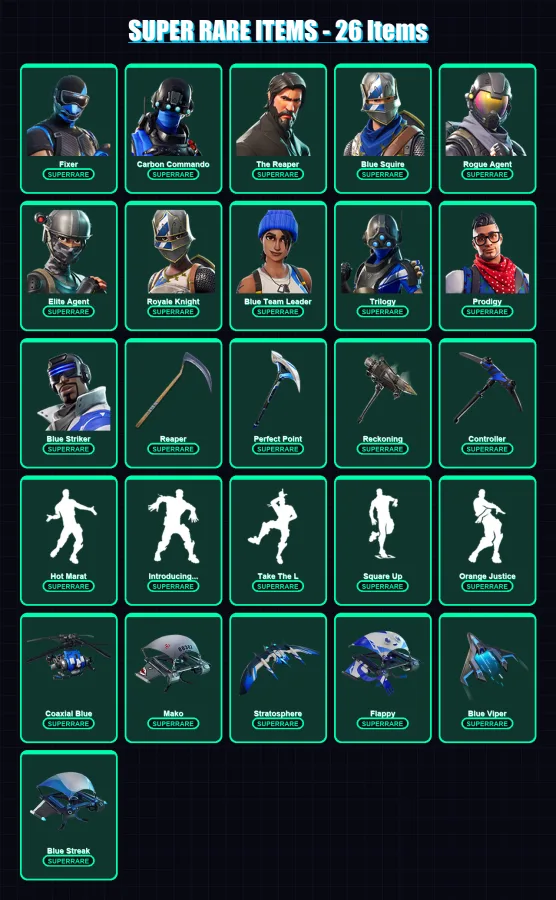 [PS4/PS5/XBOX/PC] | Fixer | Carbon Commando | The Reaper | Blue Squire | Rogue Agent | 63 skin | 83 pickaxe | 71 emote | 82 glider | Lv1237