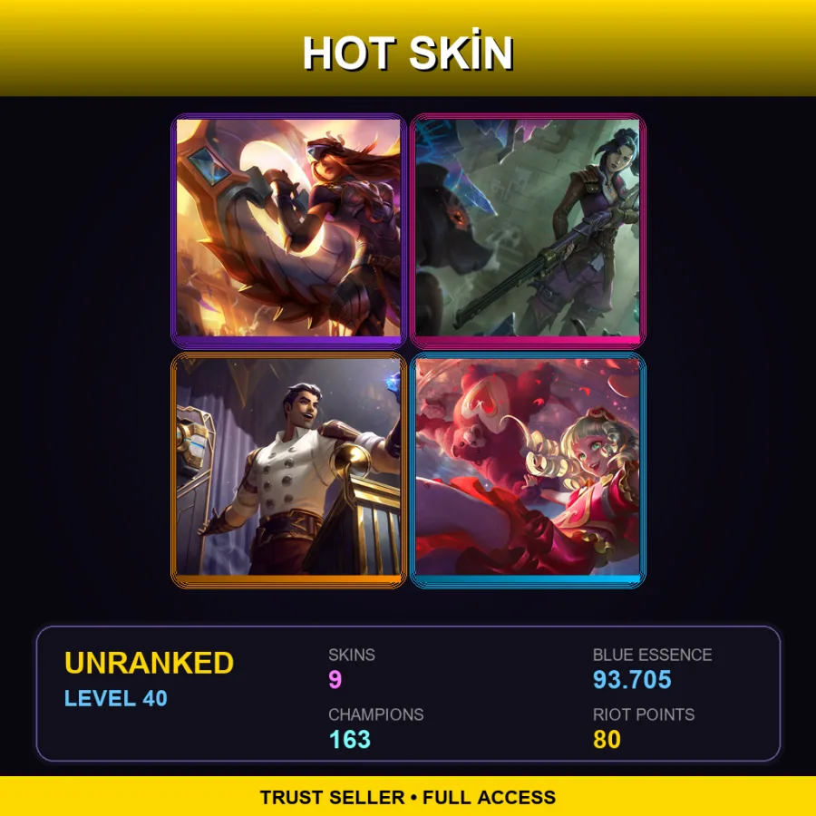 VN | Lv40 | Unranked | 9 Skin | 163 Champ — LoL account