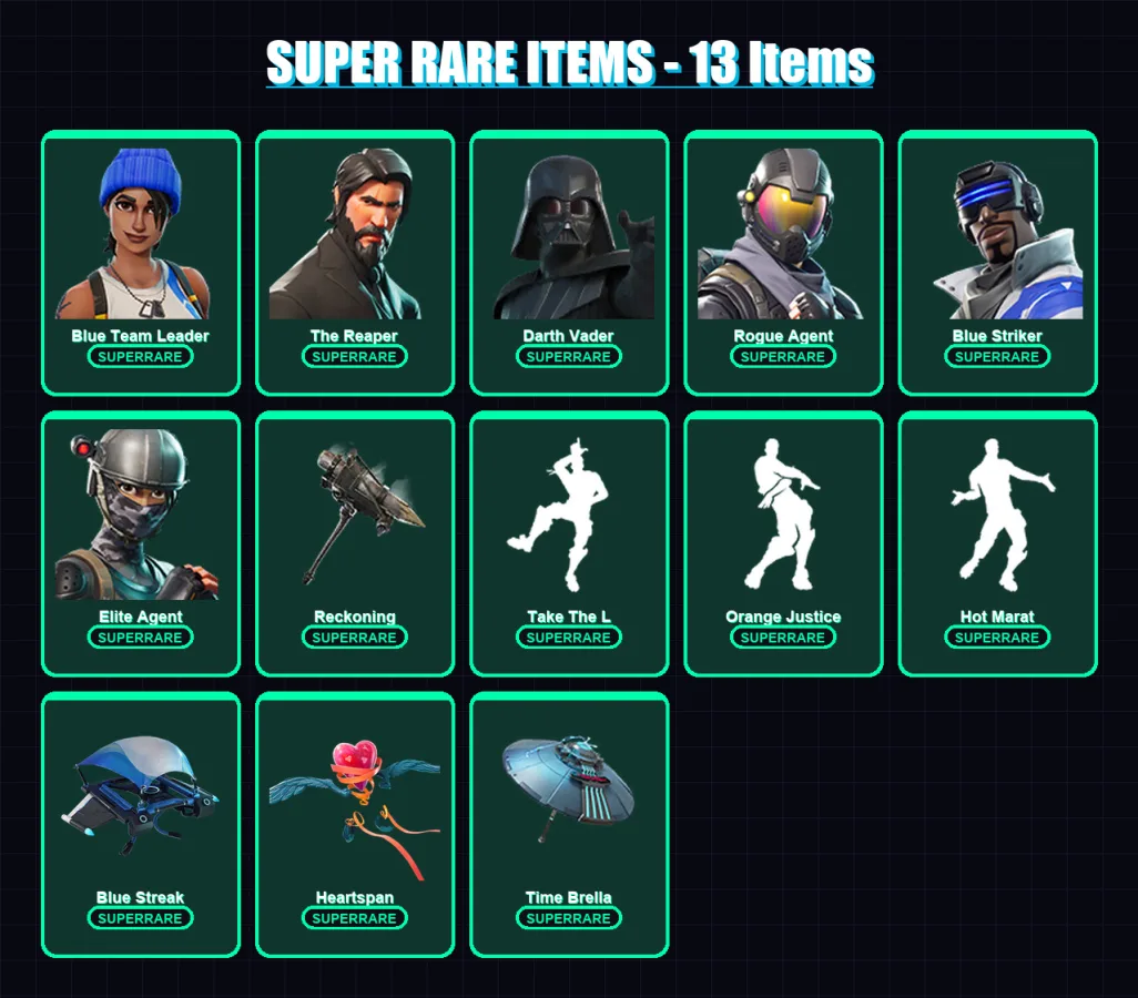 [PC/XBOX] | Blue Team Leader | The Reaper | Darth Vader | Rogue Agent | Blue Striker | 192 skin | 194 pickaxe | 174 emote | 177 glider | Lv2974