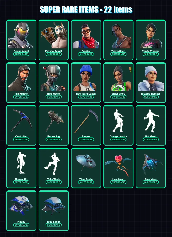 [PS4/PS5/XBOX/PC] | Rogue Agent | Psycho Bandit | Prodigy | Travis Scott | Trinity Trooper | 339 skin | 267 pickaxe | 254 emote | 189 glider | Lv306