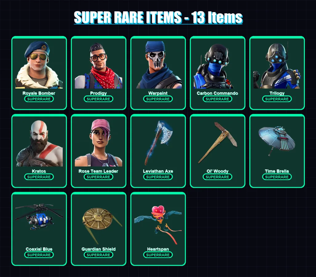 [PC/XBOX] | Royale Bomber | Prodigy | Warpaint | Carbon Commando | Trilogy | 134 skin | 146 pickaxe | 142 emote | 136 glider | Lv1868