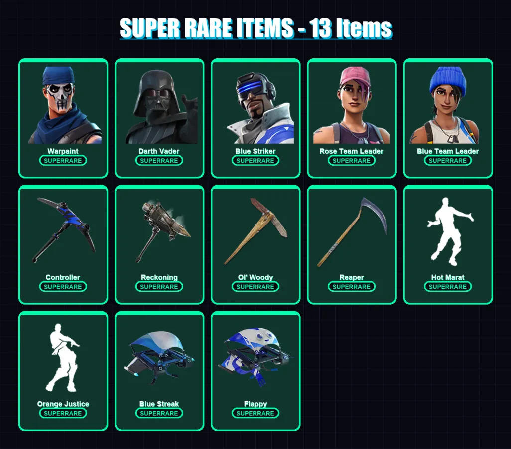 [PC/XBOX] | Warpaint | Darth Vader | Blue Striker | Rose Team Leader | Blue Team Leader | 143 skin | 145 pickaxe | 110 emote | 123 glider | Lv1874