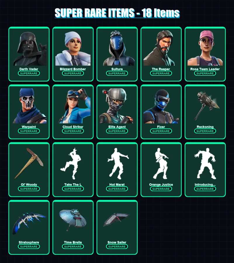 [PS4/PS5/XBOX/PC] | Darth Vader | Blizzard Bomber | Sultura | The Reaper | Rose Team Leader | 129 skin | 142 pickaxe | 112 emote | 123 glider | Lv15