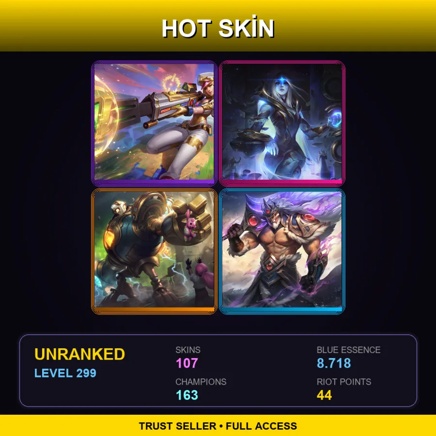 EUW | Prestige Arcade Caitlyn | Cosmic Queen Ashe | Victorious Blitzcrank | Victorious Tryndamere | 107 Skin | 163 Champ | Lv299