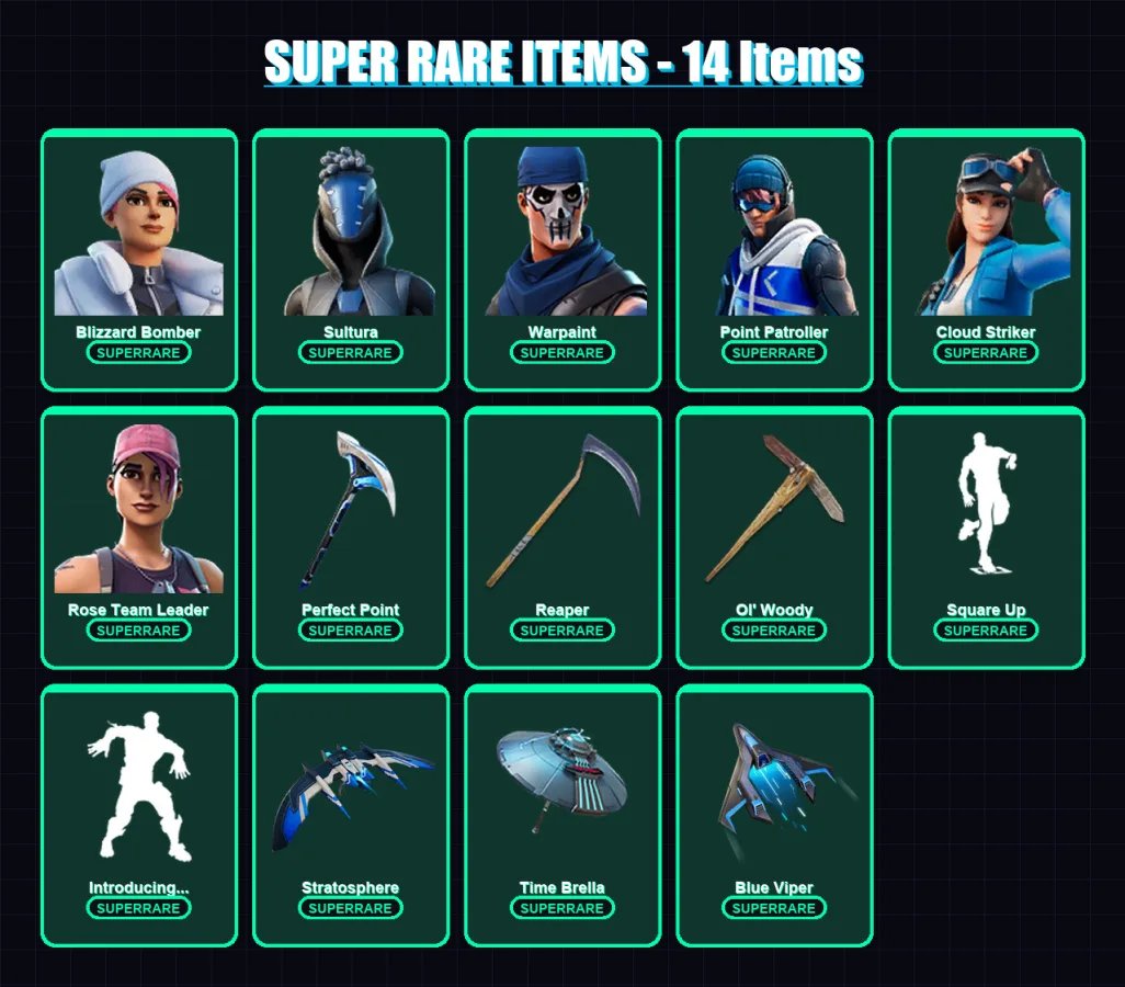 [PS4/PS5/XBOX/PC] | Blizzard Bomber | Sultura | Warpaint | Point Patroller | Cloud Striker | 103 skin | 139 pickaxe | 124 emote | 96 glider | Lv1423