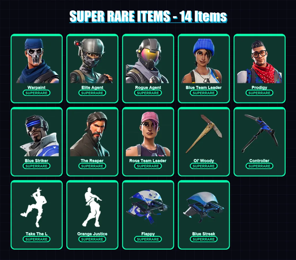 [PS4/PS5/XBOX/PC] | Warpaint | Elite Agent | Rogue Agent | Blue Team Leader | Prodigy | 48 skin | 68 pickaxe | 58 emote | 71 glider | Lv1347