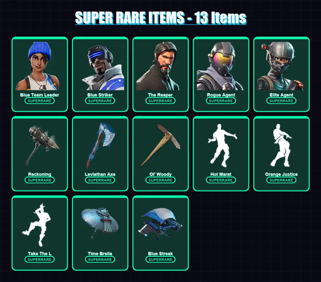 [PC/PSN] | Blue Team Leader | Blue Striker | The Reaper | Rogue Agent | Elite Agent | 179 skin | 157 pickaxe | 165 emote | 120 glider | Lv2169