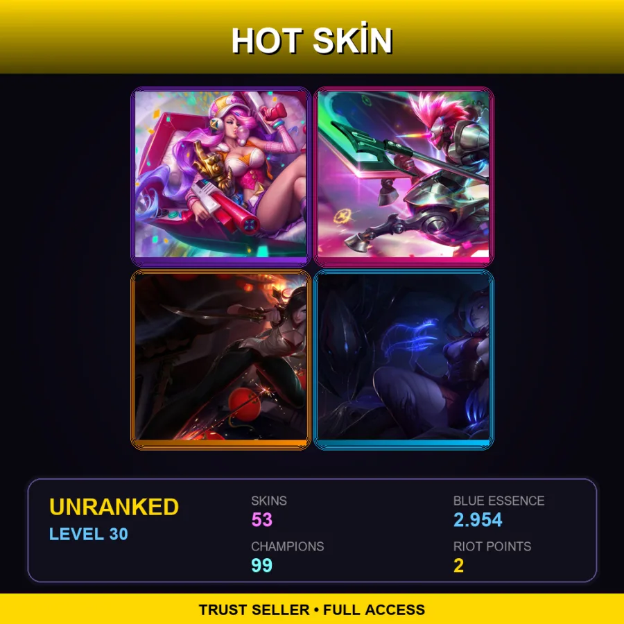 LAS | Lv30 | Unranked | 53 Skin | 99 Champ — LoL account