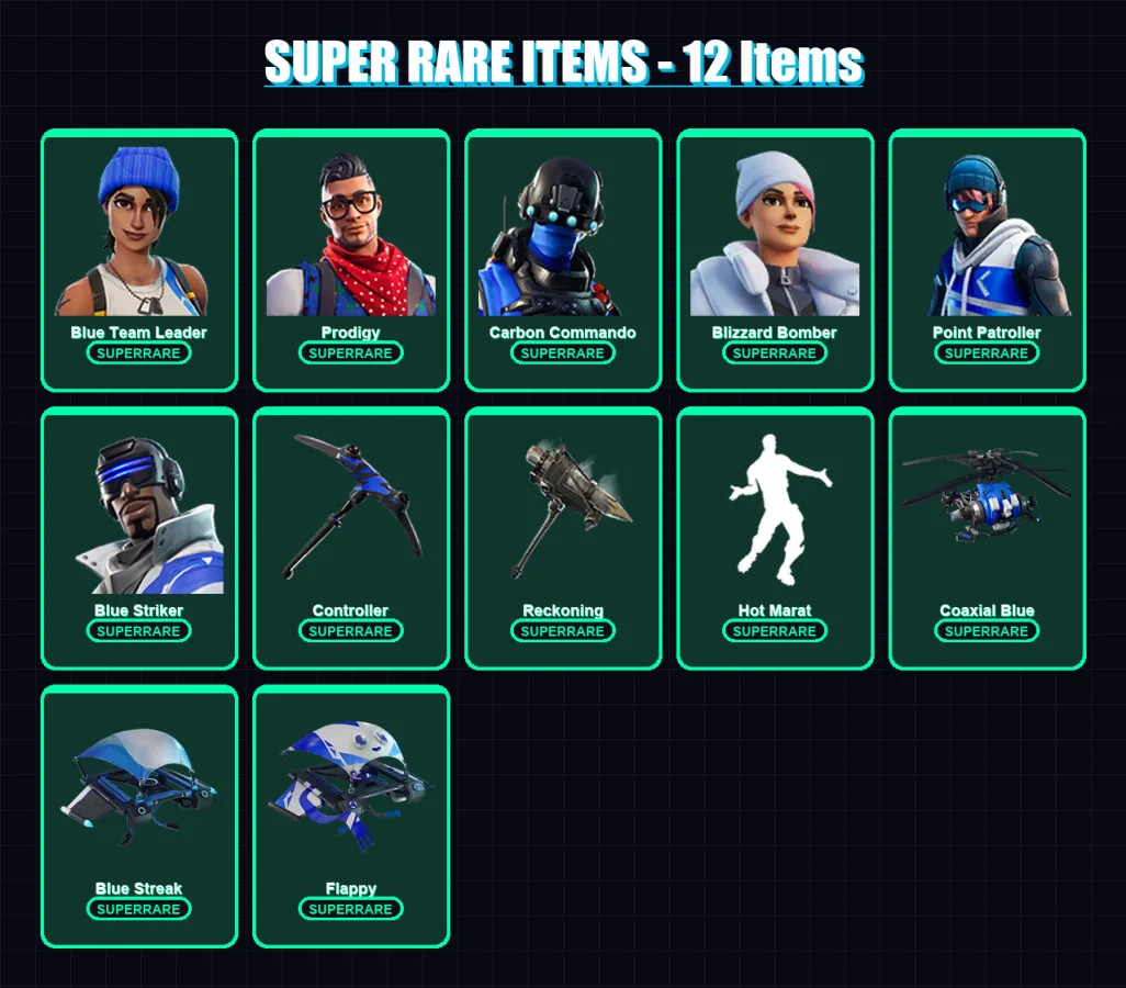 [PC] | Blue Team Leader | Prodigy | Carbon Commando | Blizzard Bomber | Point Patroller | 71 skin | 77 pickaxe | 67 emote | 67 glider | Lv659
