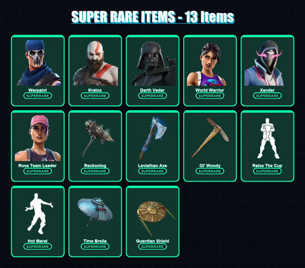 [PC] | Warpaint | Kratos | Darth Vader | World Warrior | Xander | 340 skin | 307 pickaxe | 281 emote | 243 glider | Lv4061