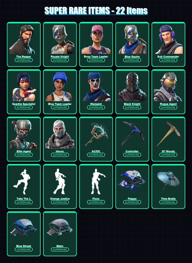 [PC/XBOX/PSN] | The Reaper | Royale Knight | Rose Team Leader | Blue Squire | Sub Commander | 230 skin | 211 pickaxe | 186 emote | 165 glider | Lv29 — Fortnite account
