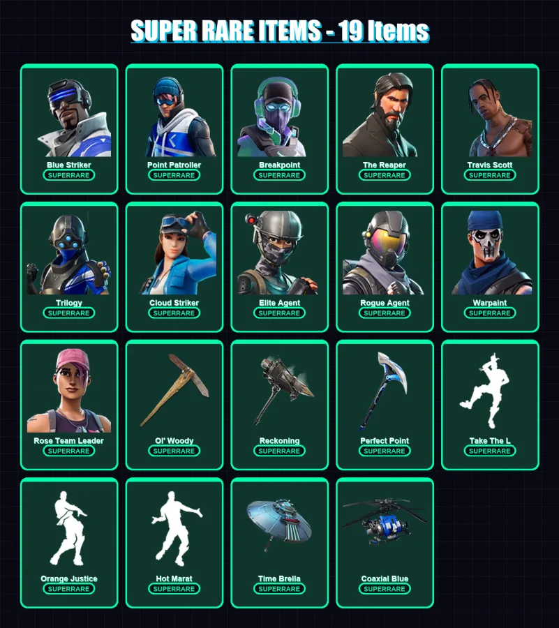 [PS4/PS5/XBOX/PC] | Blue Striker | Point Patroller | Breakpoint | The Reaper | Travis Scott | 101 skin | 148 pickaxe | 120 emote | 123 glider | Lv24