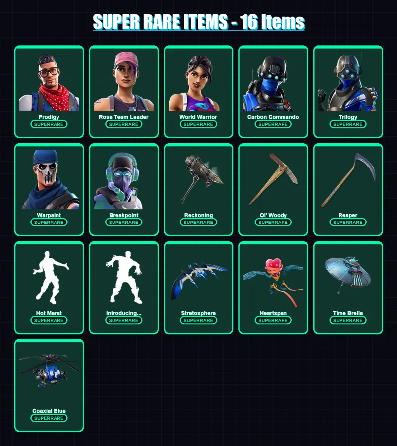 [PC] | Prodigy | Rose Team Leader | World Warrior | Carbon Commando | Trilogy | 223 skin | 251 pickaxe | 189 emote | 183 glider | Lv2116