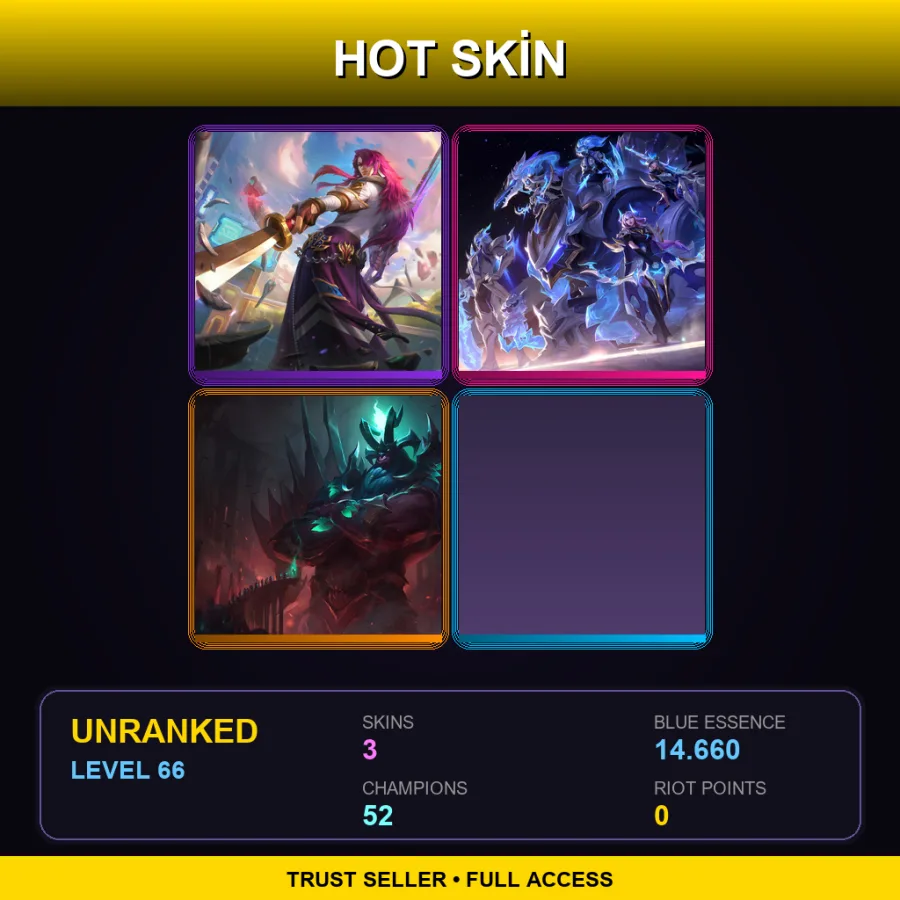EUW | Lv66 | Unranked | 3 Skin | 52 Champ