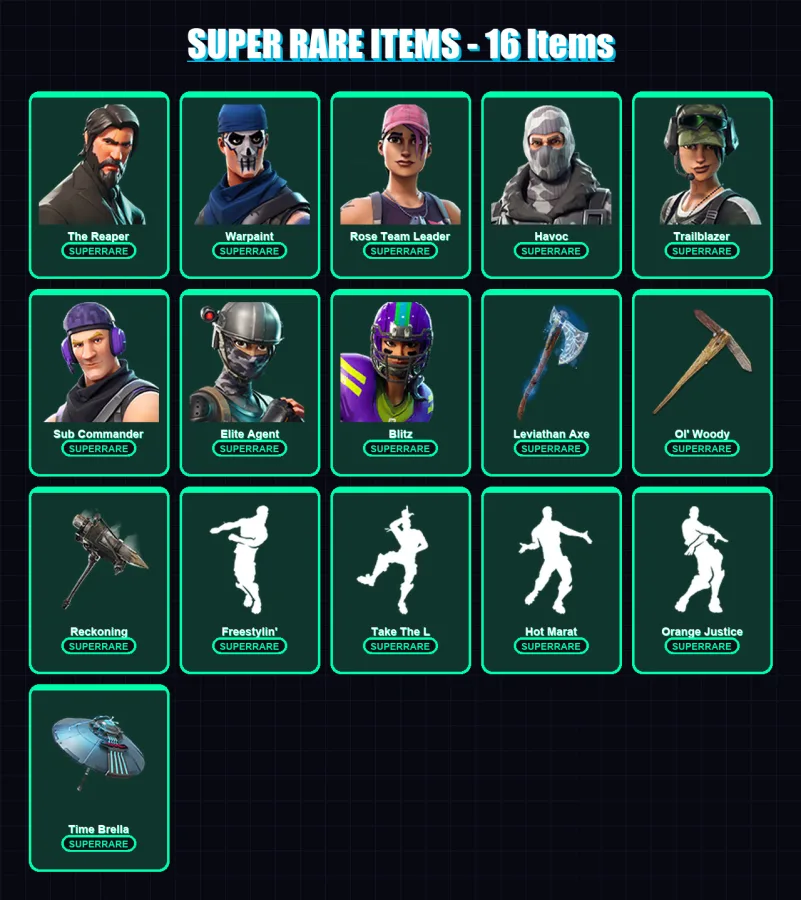 [PC/XBOX/PSN] | The Reaper | Warpaint | Rose Team Leader | Havoc | Trailblazer | 199 skin | 200 pickaxe | 150 emote | 169 glider | Lv2320