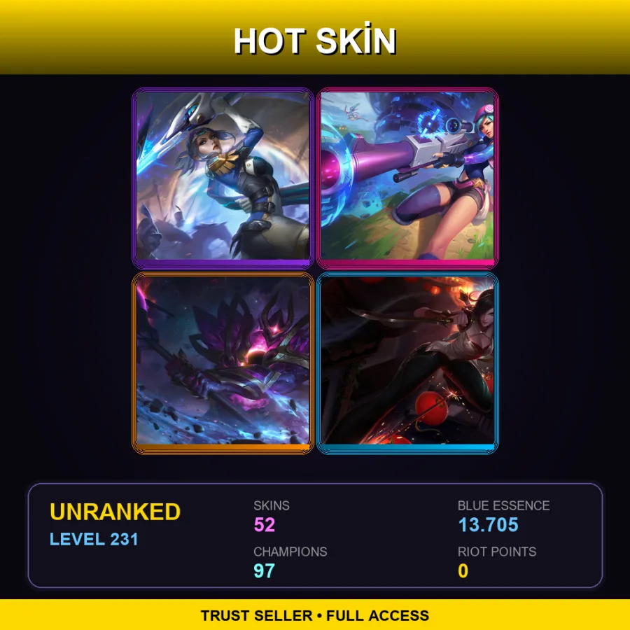 LAS | Pulsefire Fiora | Arcade Caitlyn | Dark Star Mordekaiser | Warring Kingdoms Katarina | 52 Skin | 97 Champ | Lv231