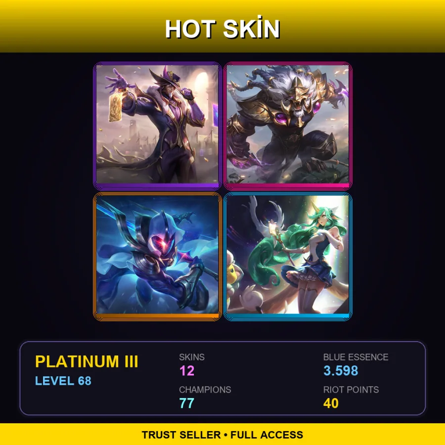 EUW | Victorious Twisted Fate | Victorious Rengar | Cosmic Blade Master Yi | Star Guardian Soraka | 12 Skin | 77 Champ | Platinum III | Lv68