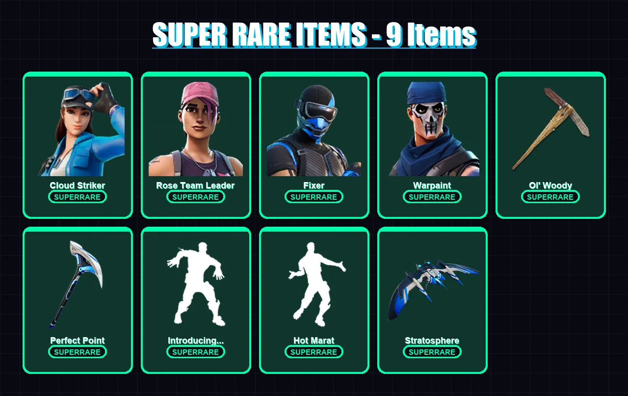 [PS4/PS5/XBOX/PC] | Cloud Striker | Rose Team Leader | Fixer | Warpaint | Zenith | 37 skin | 93 pickaxe | 78 emote | 81 glider | Lv1208