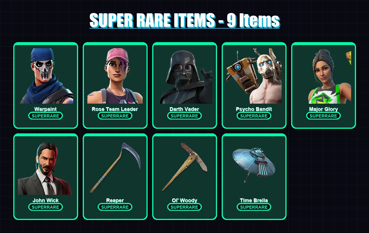 [PC] | Warpaint | Rose Team Leader | Darth Vader | Psycho Bandit | Major Glory | 449 skin | 445 pickaxe | 325 emote | 271 glider | Lv4412