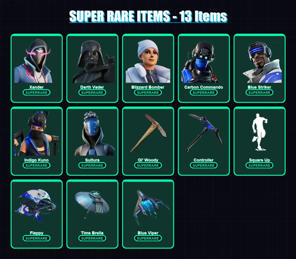 [PC] | Brilliant Bomber | Xander | Darth Vader | Blizzard Bomber | Carbon Commando | 72 skin | 80 pickaxe | 57 emote | 77 glider | Lv1199 — Fortnite account