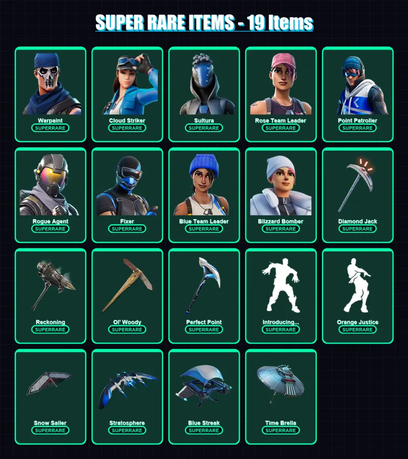 [PS4/PS5/XBOX/PC] | Warpaint | Cloud Striker | Sultura | Rose Team Leader | Point Patroller | 208 skin | 213 pickaxe | 217 emote | 191 glider | Lv29