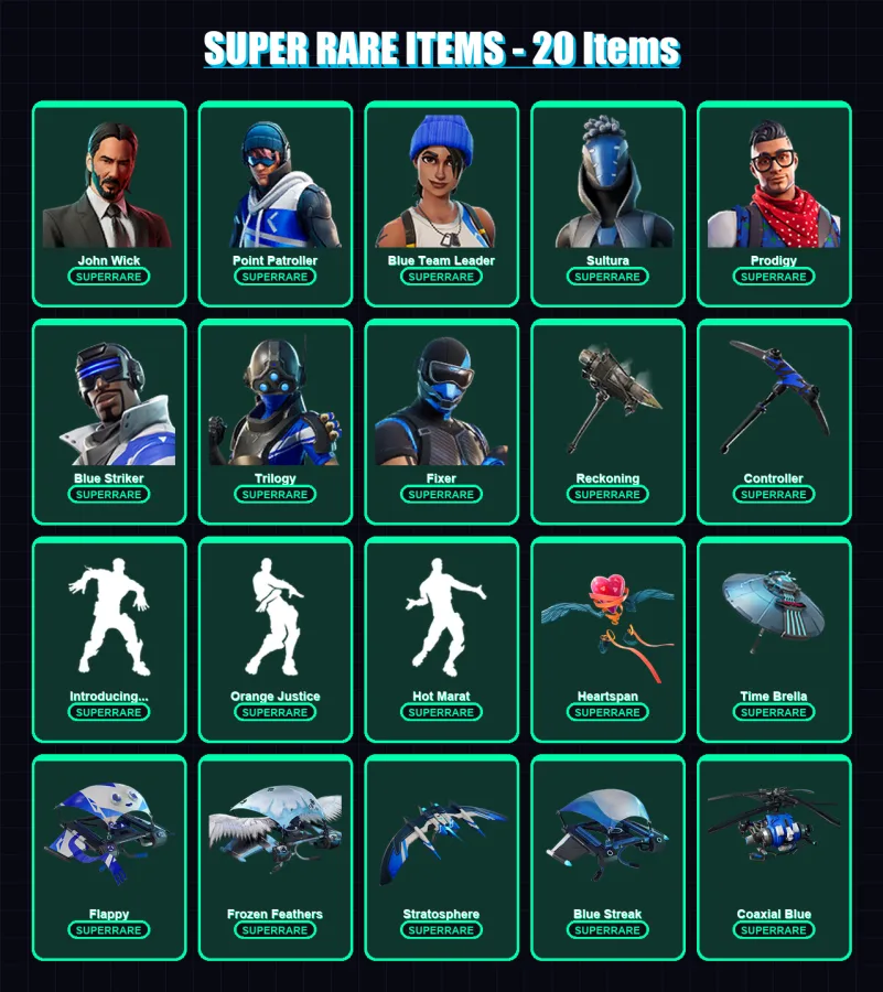 [PS4/PS5/XBOX/PC] | John Wick | Point Patroller | Blue Team Leader | Sultura | Prodigy | 141 skin | 121 pickaxe | 143 emote | 100 glider | Lv1242