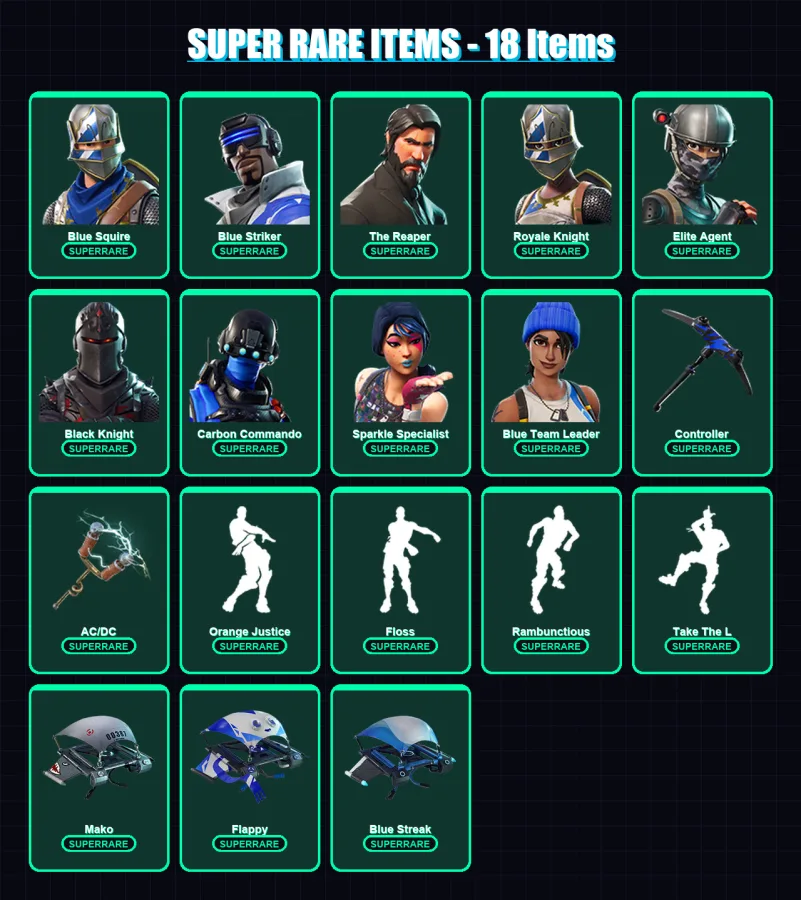 [PS4/PS5/XBOX/PC] | Blue Squire | Blue Striker | The Reaper | Royale Knight | Elite Agent | 31 skin | 18 pickaxe | 25 emote | 26 glider | Lv370
