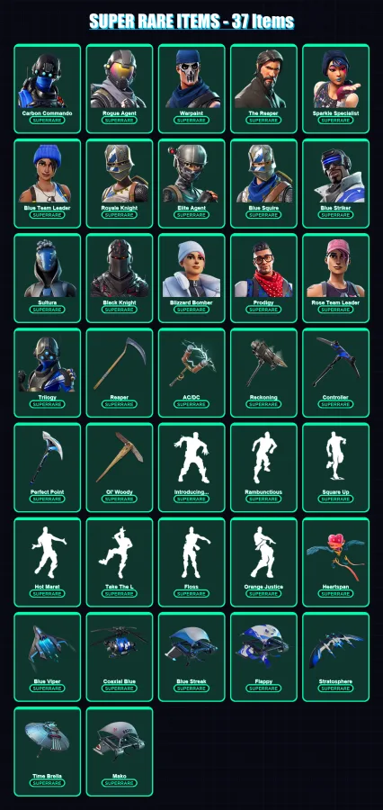 [PS4/PS5/PC] | Carbon Commando | Rogue Agent | Warpaint | The Reaper | Sparkle Specialist | 188 skin | 205 pickaxe | 187 emote | 172 glider | Lv2463