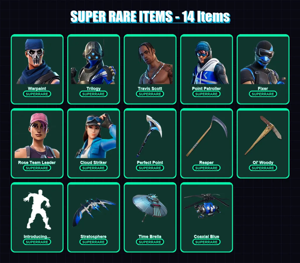 [PC] | Warpaint | Trilogy | Travis Scott | Point Patroller | Fixer | 198 skin | 253 pickaxe | 189 emote | 168 glider | Lv3199