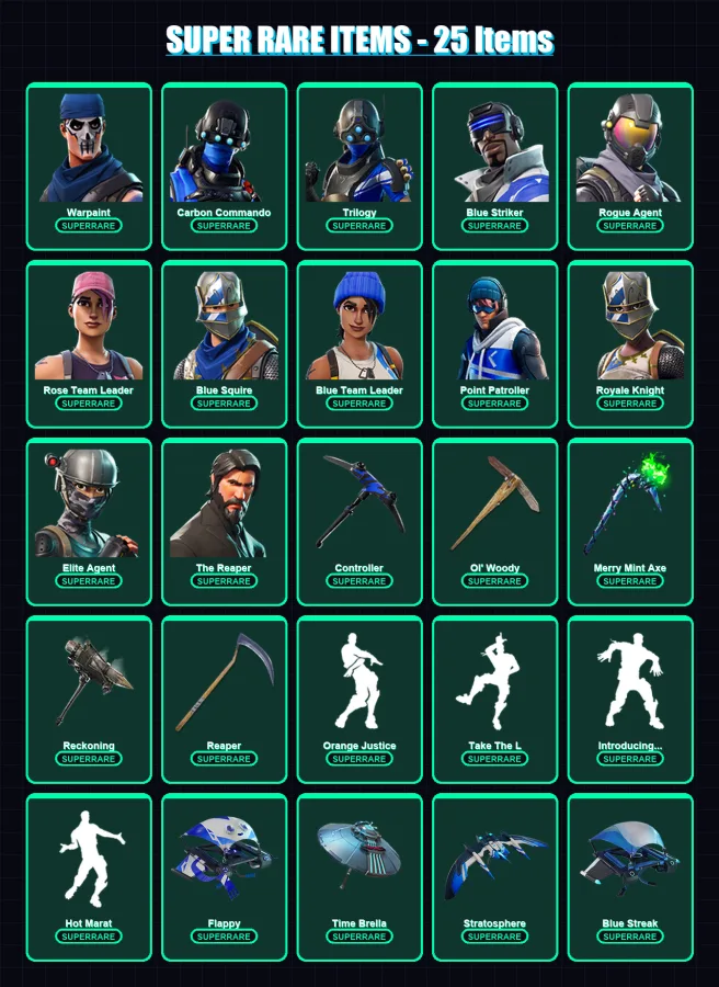 [PC] | Warpaint | Carbon Commando | Trilogy | Blue Striker | Rogue Agent | 135 skin | 115 pickaxe | 133 emote | 121 glider | Lv1596 — Fortnite account